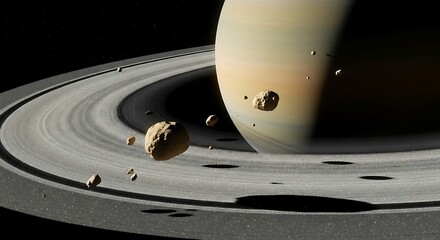 A view of Saturn and its rings, with various sized rocks and debris orbiting the planet in a dark space environment.