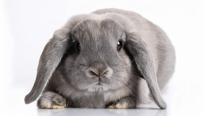 a grey lop eared rabbit with big black eyes sitting on a white surface