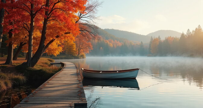Tranquil lakeside view with golden and red autumn trees reflecting in the water, peaceful retreat for mental reset and relaxation.