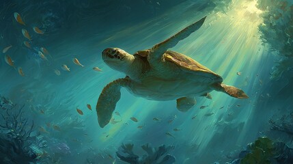 Fototapeta premium Sea turtle in sunlight, surrounded by fish