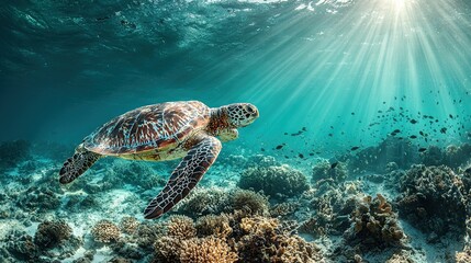 Fototapeta premium A sea turtle glides through clear water above a vibrant coral reef, near Jamaica's coast