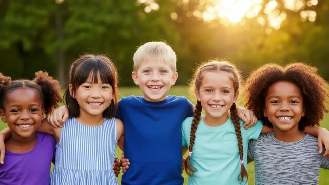 A diverse group of five happy children with different ethnicities and hair types, smiling and embracing each other outdoors in the warm sunlight