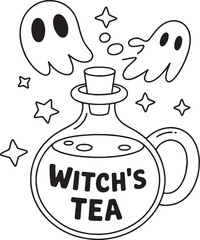 Spooky Cute Halloween Potion Ghost Coloring Pages – Kawaii Ghost in Magic Potion Bottle Line Art