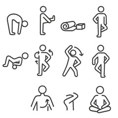 Fototapeta premium Flexibility Line Icons. Line style icons of flexibility and mobility: forward bend pose, stretching leg icon, yoga mat and blocks,