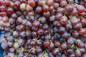 Closeup of vibrant red grape texture a sweet and juicy symphony of natures candy and natural deliciousness. Luscious red grapes overflowing a rustic basket a bountiful autumn harvest.