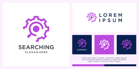 Searching logo design with magnifying glass and gear