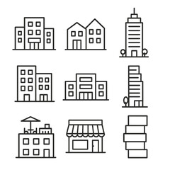 Obraz premium Urban Real Estate Icons. Line style icons of urban commercial real estate: office building, coworking hub, skyscraper icon,