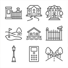 Luxury Estate Icons. Line style icons of gated community and luxury estates: guarded entrance gate, mansion with driveway, estate