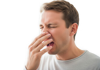 Obraz premium Man sneezing and covering his nose isolated on transparent background