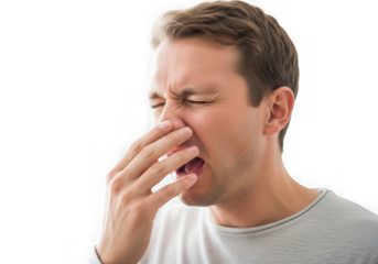 Man sneezing and covering his nose isolated on transparent background