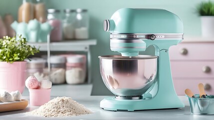 A dough mixer in the middle of a baking session, surrounded by flour, butter, and fresh ingredients on the counter.

