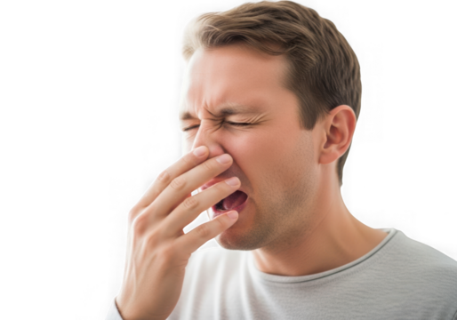 Man sneezing and covering his nose isolated on transparent background
