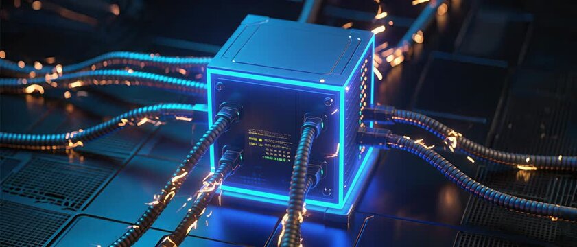 Data Transfer, Neon Tech Cube, Server Room, 3D Illustration, Futuristic Environment, Isometric View, Digital Infrastructure Concept