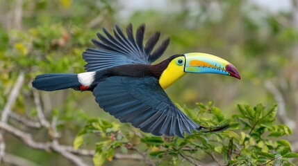 Fototapeta premium A Toucan bird, known for its vibrant beak, glides gracefully above a leaf-filled tree
