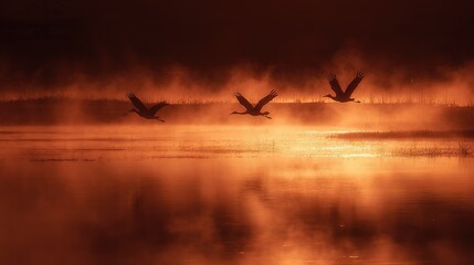   Two birds fly above water amidst fog, surrounded by trees & grass