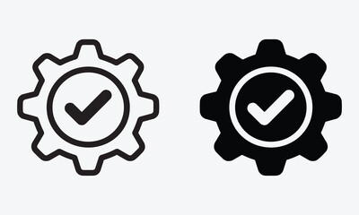 Mechanical Gear With Checkmark icon Representing Successful Operations And Technical Processes, Line and Silhouette Vector on White Background