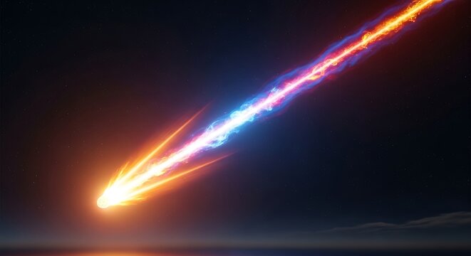 A bright, fiery comet or meteor streaks across a dark sky, leaving a colorful trail of orange, red, and blue light.