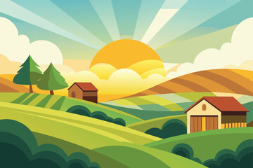 Sunrise Over Rural Landscape – Vector Illustration