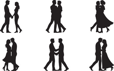 Fototapeta premium Couple Silhouettes Set Holding Hands Embracing Dancing in Various Poses Black and White Vector