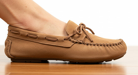 Side View of Casual Moccasins Shoes on Wooden Floor