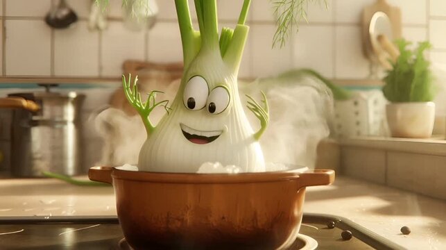 Smiling Cartoon Fennel Soaking in Hot Pot