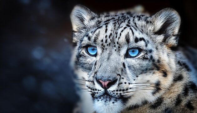 close up of a snow leopard showing its intense blue eyes and majestic presence creating a captivating and powerful image against a dark background