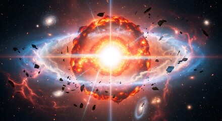 Obraz premium A vibrant cosmic explosion with a bright central star, surrounded by swirling nebulae, debris, and distant galaxies in deep space.