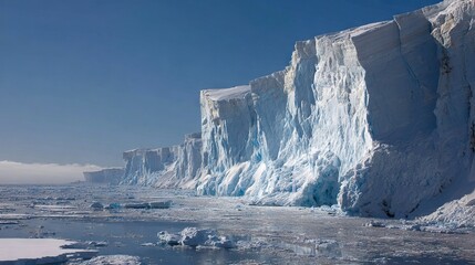   A cluster of ice floes surrounded by a water expanse and adorned with snow on their flanks