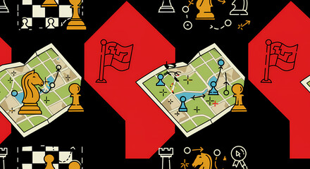 Strategic Chess & Planning: A Seamless Pattern of Chess Pieces, Maps, and Business Icons