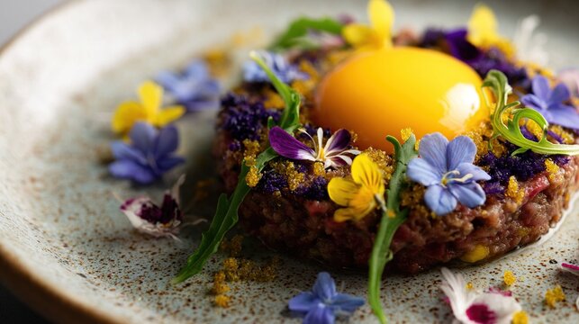   Egg atop a plate surrounded by flowers - Powered by Adobe