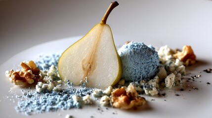   A white plate with fruit, blue and white toppings nearby