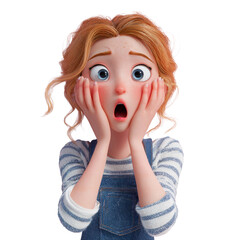 Astonished animated girl with curly blonde hair, hands on cheeks in shock, isolated on transparent background