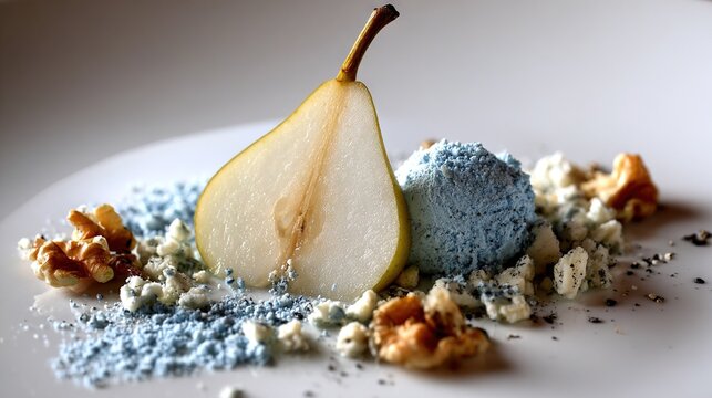   A white plate with fruit, blue and white toppings nearby