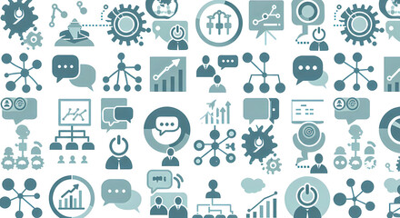 Corporate Communication Network: A Seamless Pattern of Icons for Teamwork, Data, and Business Technology