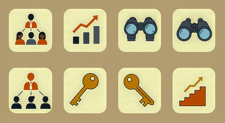 Key Business Strategy Icons: Team Hierarchy, Financial Growth, and Future Vision