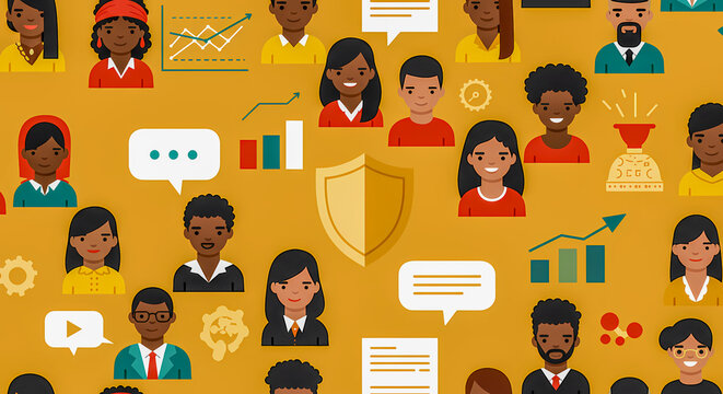 Global Team Collaboration: Diverse Professionals with a Central Shield, Business Data, and Communication Icons