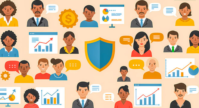 Diverse Business Team Working Together with Data, Communication, and a Shield Icon for Security
