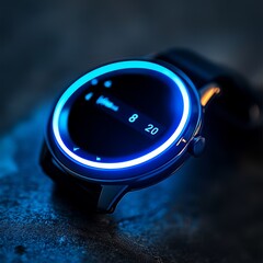 A watch with a blue face and a black band
