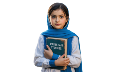 Young pakistani girl in school uniform and blue hijab holding a pakistan studies book, isolated on transparent background