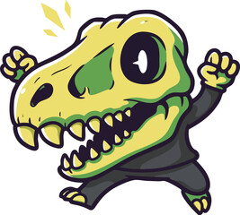 Obraz premium Cartoon dinosaur skull head character jumping with excitement in black outfit vector illustration 