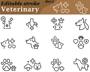 Fototapeta premium Veterinary icon featuring symbols like pet paw prints, stethoscopes, animal silhouettes, and medical cross signs, representing pet care, animal health services, and veterinary clinics in a clean style