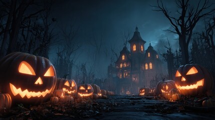 a group of pumpkins sitting in front of a castle