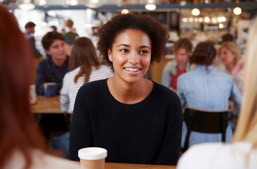 Smiling woman in warm cafe interior enjoying conversation with friends in cozy social gathering setting