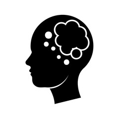Silhouette of a Human Head with Thought Bubbles Illustrating Cognitive Processes and Ideas