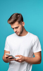 A man in a white t-shirt looking at his smartphone, in front of a solid blue background, vertical