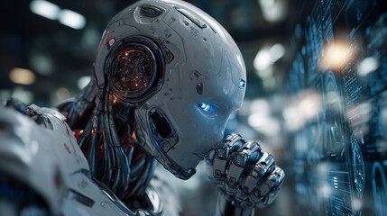 A detailed portrait of a futuristic robot, lost in thought, viewing a screen.