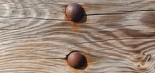 Close-up of two rusty bolts embedded in weathered wooden planks. The aged wood grain and oxidation stains create a natural abstract texture with warm tones and organic patterns