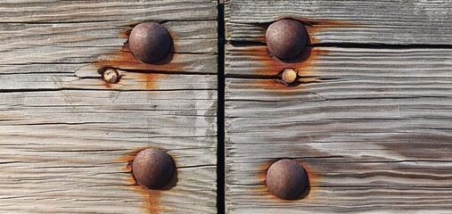 Close-up of weathered wooden planks joined by rusty bolts. The oxidation patterns form natural abstract art with warm orange tones contrasting the aged grey wood texture
