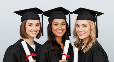 Three smiling female graduates holding diplomas isolated on white background