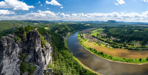 view on landscape of Saxon Switzerland Mountains and river in Germany